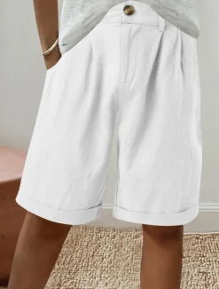 Discount Women's Linen-Inspired Shorts Shorts Slacks Fashion Streetwear Short Natural Plain Pocket Buckle Comfy Outdoor Comfortable Holiday Weekend Apricot Grey Black White Summer Regular Fit Women Pants