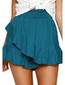 Hot Women's Linen-Inspired Shorts Shorts Slacks Streetwear Casual Short Natural Plain Ruffle Elastic Waist Comfy Breathability Outdoor Outdoor Going out Beach claret Rust Navy Light Sky Blue Summer Women Pants