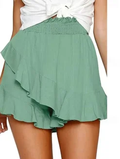 Hot Women's Linen-Inspired Shorts Shorts Slacks Streetwear Casual Short Natural Plain Ruffle Elastic Waist Comfy Breathability Outdoor Outdoor Going out Beach claret Rust Navy Light Sky Blue Summer Women Pants