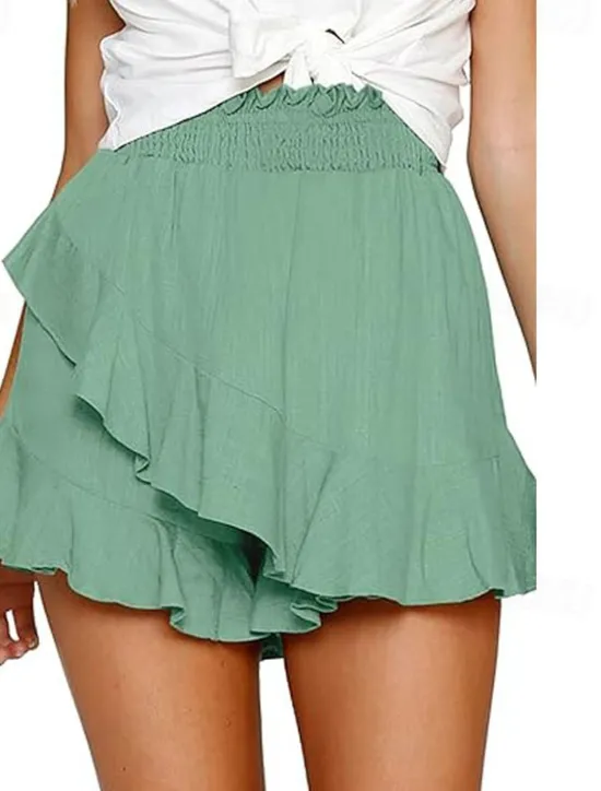 Hot Women's Linen-Inspired Shorts Shorts Slacks Streetwear Casual Short Natural Plain Ruffle Elastic Waist Comfy Breathability Outdoor Outdoor Going out Beach claret Rust Navy Light Sky Blue Summer Women Pants