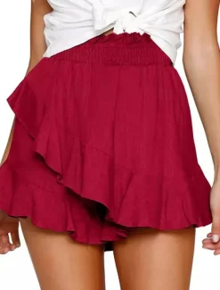 Hot Women's Linen-Inspired Shorts Shorts Slacks Streetwear Casual Short Natural Plain Ruffle Elastic Waist Comfy Breathability Outdoor Outdoor Going out Beach claret Rust Navy Light Sky Blue Summer Women Pants