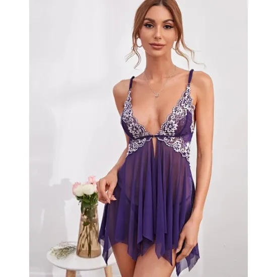 Discount Women's Lingerie Babydoll V-Neck Lace Rhinestone Detail Adjustable Straps Sheer Skirt Romantic Sleepwear Burgundy Various Sizes Women Lingerie