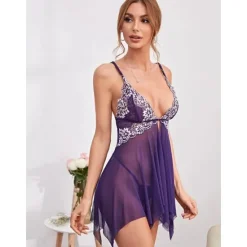 Discount Women's Lingerie Babydoll V-Neck Lace Rhinestone Detail Adjustable Straps Sheer Skirt Romantic Sleepwear Burgundy Various Sizes Women Lingerie