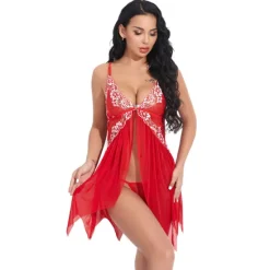 Discount Women's Lingerie Babydoll V-Neck Lace Rhinestone Detail Adjustable Straps Sheer Skirt Romantic Sleepwear Burgundy Various Sizes Women Lingerie
