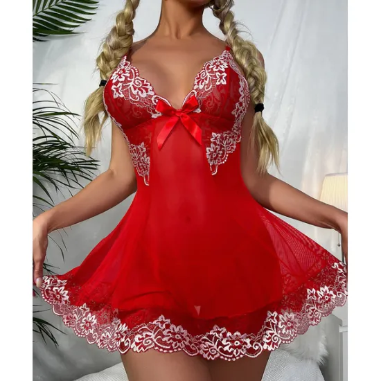 Discount Women's Lingerie Babydoll V-Neck Satin Bow Sleeveless Sheer Lace Floral Intimate Nightwear Romantic Elegant Home Outfits Women Lingerie
