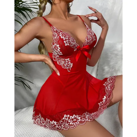 Discount Women's Lingerie Babydoll V-Neck Satin Bow Sleeveless Sheer Lace Floral Intimate Nightwear Romantic Elegant Home Outfits Women Lingerie