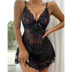 Sale Women's Lingerie Babydoll Lace Sheer Adjustable Strap Seductive Nightwear Red Bow Accented Intimate Apparel Home Outfits Women Sleepwear|Lingerie