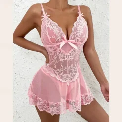 Sale Women's Lingerie Babydoll Lace Sheer Adjustable Strap Seductive Nightwear Red Bow Accented Intimate Apparel Home Outfits Women Sleepwear|Lingerie