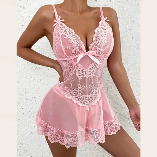 Sale Women's Lingerie Babydoll Lace Sheer Adjustable Strap Seductive Nightwear Red Bow Accented Intimate Apparel Home Outfits Women Sleepwear|Lingerie