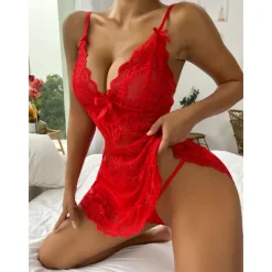 Sale Women's Lingerie Babydoll Lace Sheer Adjustable Strap Seductive Nightwear Red Bow Accented Intimate Apparel Home Outfits Women Sleepwear|Lingerie