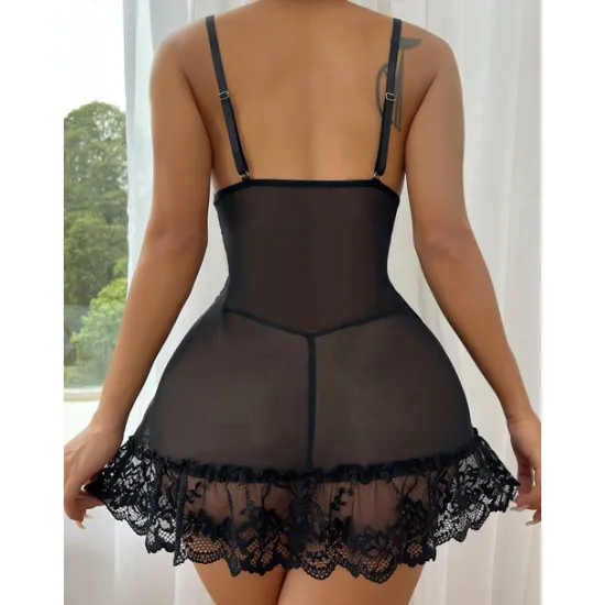 Sale Women's Lingerie Babydoll Lace Sheer Adjustable Strap Seductive Nightwear Red Bow Accented Intimate Apparel Home Outfits Women Sleepwear|Lingerie