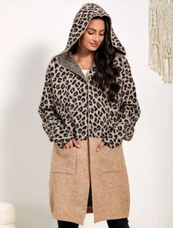 Best Women's Long Cardigan Leopard Print Open Front Knit Patchwork Knitted Fall Winter Going out Fashion Streetwear Daily Long Sleeve Animal Women Cardigans & Outerwears