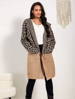 Best Women's Long Cardigan Leopard Print Open Front Knit Patchwork Knitted Fall Winter Going out Fashion Streetwear Daily Long Sleeve Animal Women Cardigans & Outerwears