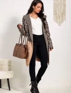 Best Women's Long Cardigan Leopard Print Open Front Knit Patchwork Knitted Fall Winter Going out Fashion Streetwear Daily Long Sleeve Animal Women Cardigans & Outerwears