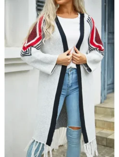 Sale Women's Long Cardigan Open Front Knit Tassel Fall Winter Outdoor Going out Weekend Fashion Daily Long Sleeve Geometric Black Camel Women Cardigans & Outerwears