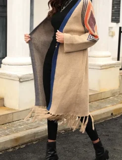 Sale Women's Long Cardigan Open Front Knit Tassel Fall Winter Outdoor Going out Weekend Fashion Daily Long Sleeve Geometric Black Camel Women Cardigans & Outerwears