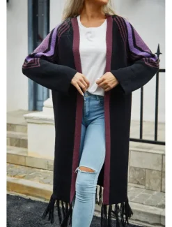 Sale Women's Long Cardigan Open Front Knit Tassel Fall Winter Outdoor Going out Weekend Fashion Daily Long Sleeve Geometric Black Camel Women Cardigans & Outerwears