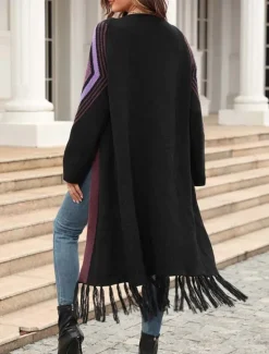 Sale Women's Long Cardigan Open Front Knit Tassel Fall Winter Outdoor Going out Weekend Fashion Daily Long Sleeve Geometric Black Camel Women Cardigans & Outerwears