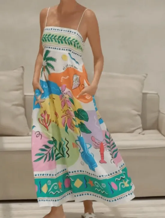 Sale Women's Long Dress Maxi Dress Casual Dress Summer Dress Slip Dress Fashion Outdoor Holiday Date Regular Fit Painting Sleeveless Spaghetti Strap Summer Spring Women Vacation Dresses
