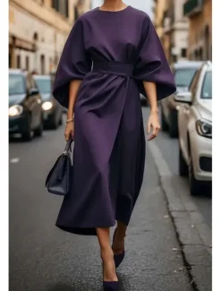 Best Women's Long Dress Maxi Dress Maxi Dress Elegant Dress Elegant Batwing Sleeve Regular Fit Solid Color 3/4 Length Sleeve Crew Neck Black Wine Purple Brown Fall Women Work Dresses