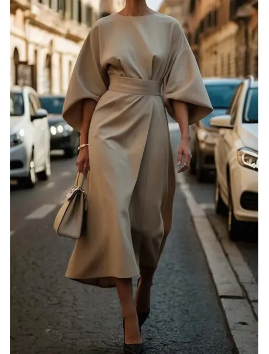 Best Women's Long Dress Maxi Dress Maxi Dress Elegant Dress Elegant Batwing Sleeve Regular Fit Solid Color 3/4 Length Sleeve Crew Neck Black Wine Purple Brown Fall Women Work Dresses