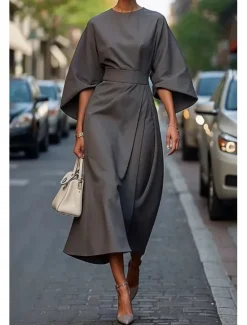 Best Women's Long Dress Maxi Dress Maxi Dress Elegant Dress Elegant Batwing Sleeve Regular Fit Solid Color 3/4 Length Sleeve Crew Neck Black Wine Purple Brown Fall Women Work Dresses