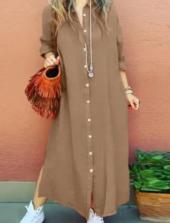 Best Women's Long Dress Maxi Dress Linen-Inspired Dresses Shirt Dress Casual Dress Cotton Linen Dress Stylish Casual Vacation Daily Date Regular Fit Plain Long Sleeve Lapel Pink Navy Blue Brown Summer Women Dresses