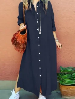 Best Women's Long Dress Maxi Dress Linen-Inspired Dresses Shirt Dress Casual Dress Cotton Linen Dress Stylish Casual Vacation Daily Date Regular Fit Plain Long Sleeve Lapel Pink Navy Blue Brown Summer Women Dresses