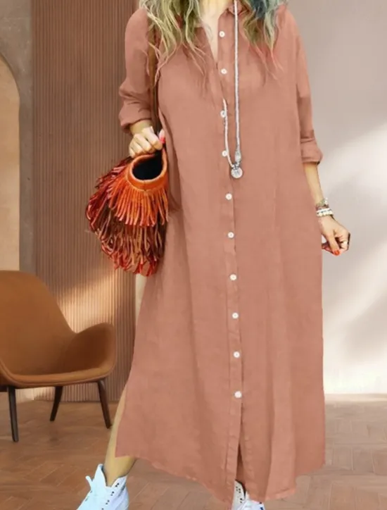 Best Women's Long Dress Maxi Dress Linen-Inspired Dresses Shirt Dress Casual Dress Cotton Linen Dress Stylish Casual Vacation Daily Date Regular Fit Plain Long Sleeve Lapel Pink Navy Blue Brown Summer Women Dresses
