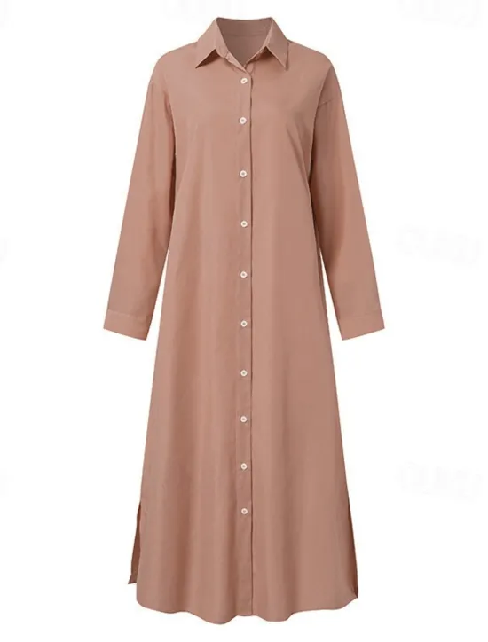 Best Women's Long Dress Maxi Dress Linen-Inspired Dresses Shirt Dress Casual Dress Cotton Linen Dress Stylish Casual Vacation Daily Date Regular Fit Plain Long Sleeve Lapel Pink Navy Blue Brown Summer Women Dresses