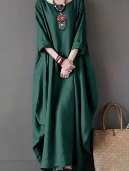 Outlet Women's Long Dress Maxi Dress Linen-Inspired Dresses White Dress Casual Dress Winter Dress Streetwear Vacation Street Loose Fit Long Sleeve Crew Neck Black White Red Blue Fall Winter Women Dresses