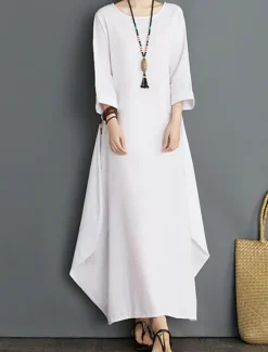 Outlet Women's Long Dress Maxi Dress Linen-Inspired Dresses White Dress Casual Dress Winter Dress Streetwear Vacation Street Loose Fit Long Sleeve Crew Neck Black White Red Blue Fall Winter Women Dresses