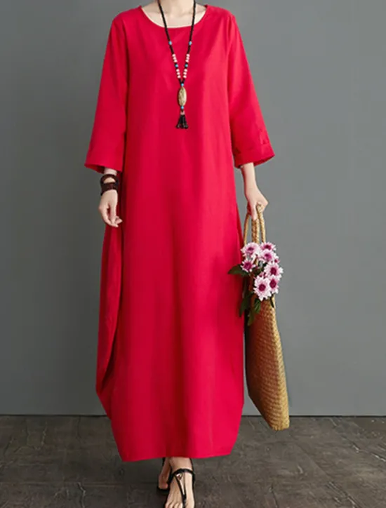 Outlet Women's Long Dress Maxi Dress Linen-Inspired Dresses White Dress Casual Dress Winter Dress Streetwear Vacation Street Loose Fit Long Sleeve Crew Neck Black White Red Blue Fall Winter Women Dresses