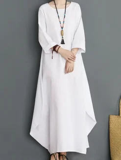 Outlet Women's Long Dress Maxi Dress Linen-Inspired Dresses White Dress Casual Dress Winter Dress Streetwear Vacation Street Loose Fit Long Sleeve Crew Neck Black White Red Blue Fall Winter Women Dresses