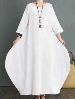 Outlet Women's Long Dress Maxi Dress Linen-Inspired Dresses White Dress Casual Dress Winter Dress Streetwear Vacation Street Loose Fit Long Sleeve Crew Neck Black White Red Blue Fall Winter Women Dresses