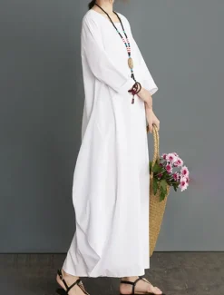 Outlet Women's Long Dress Maxi Dress Linen-Inspired Dresses White Dress Casual Dress Winter Dress Streetwear Vacation Street Loose Fit Long Sleeve Crew Neck Black White Red Blue Fall Winter Women Dresses