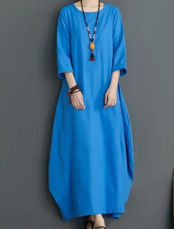 Outlet Women's Long Dress Maxi Dress Linen-Inspired Dresses White Dress Casual Dress Winter Dress Streetwear Vacation Street Loose Fit Long Sleeve Crew Neck Black White Red Blue Fall Winter Women Dresses