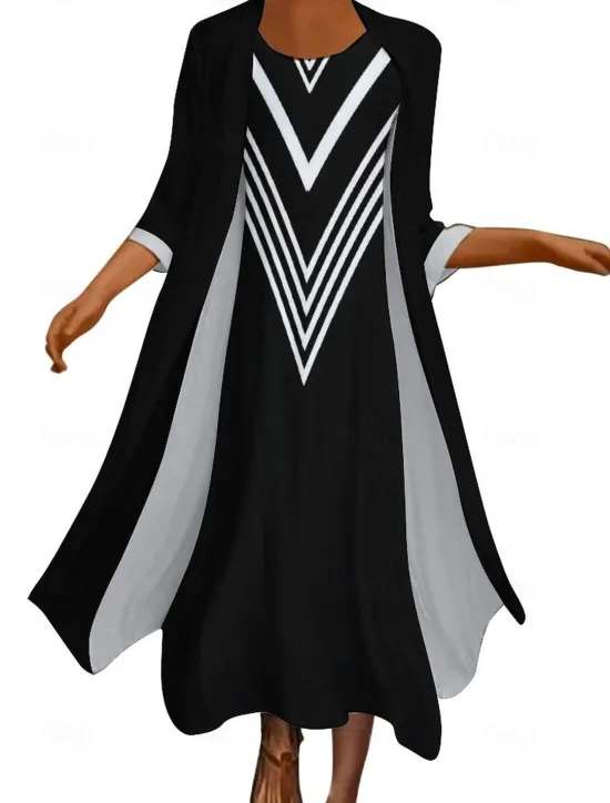 Women's Long Dress Maxi Dress Dress Set Two Piece Dress Church Dress Vacation Casual Winter Dress Holiday Date Loose Fit Color Block Long Sleeve Crew Neck Fall Winter Women Work Dresses