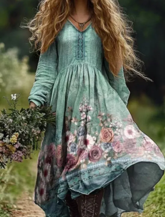 New Women's Long Dress Maxi Dress Casual Dress Summer Dress Boho Dress Tribal Vacation Daily Regular Fit Floral Long Sleeve V Neck Light Green Navy Blue Dark Green Emerald Green Summer Women Floral Dresses
