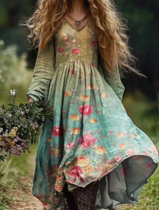 New Women's Long Dress Maxi Dress Casual Dress Summer Dress Boho Dress Tribal Vacation Daily Regular Fit Floral Long Sleeve V Neck Light Green Navy Blue Dark Green Emerald Green Summer Women Floral Dresses