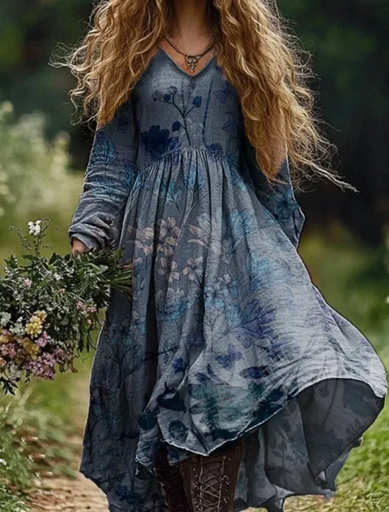 New Women's Long Dress Maxi Dress Casual Dress Summer Dress Boho Dress Tribal Vacation Daily Regular Fit Floral Long Sleeve V Neck Light Green Navy Blue Dark Green Emerald Green Summer Women Floral Dresses