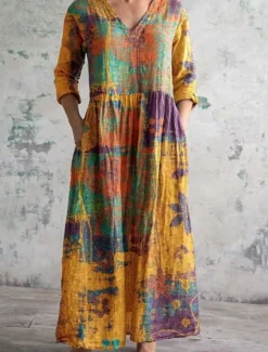 Outlet Women's Long Dress Maxi Dress Casual Dress Summer Dress Boho Dress Fashion Vacation Daily Weekend Regular Fit Floral Graphic Long Sleeve V Neck Yellow Green Khaki Rainbow Summer Women Floral Dresses