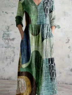 Outlet Women's Long Dress Maxi Dress Casual Dress Summer Dress Boho Dress Fashion Vacation Daily Weekend Regular Fit Floral Graphic Long Sleeve V Neck Yellow Green Khaki Rainbow Summer Women Floral Dresses
