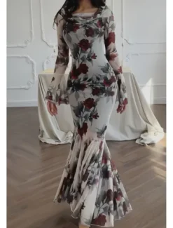 Discount Women's Long Dress Maxi Dress Sheath Dress Floral Dress Print Dress Fashion Elegant Dress Outdoor Holiday Date Regular Fit Flower Long Sleeve Crew Neck Spring Women Floral Dresses