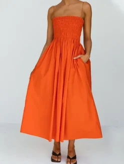 Online Women's Long Dress Maxi Dress Linen-Inspired Dresses Casual Dress Stylish Casual Vacation Daily Date Regular Fit Plain Sleeveless Strapless Pink Orange Green Summer Spring Women Dresses