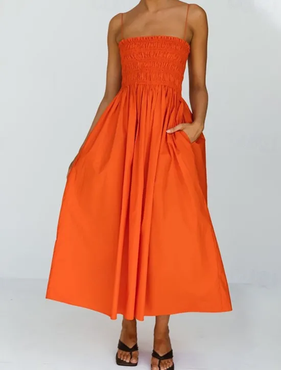 Online Women's Long Dress Maxi Dress Linen-Inspired Dresses Casual Dress Stylish Casual Vacation Daily Date Regular Fit Plain Sleeveless Strapless Pink Orange Green Summer Spring Women Dresses