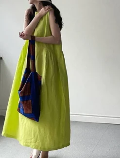 Hot Women's Long Dress Maxi Dress Linen-Inspired Dresses Casual Dress Stylish Casual Vacation Daily Date Regular Fit Plain Sleeveless Crew Neck Yellow Purple Summer Spring Women Dresses