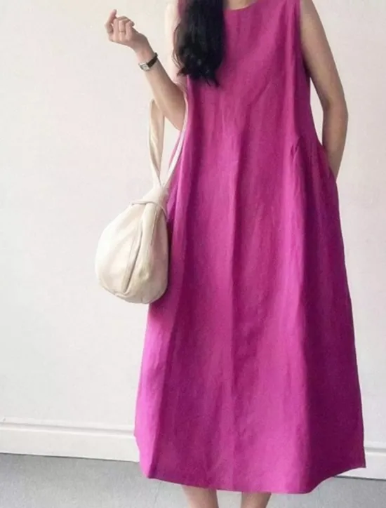 Hot Women's Long Dress Maxi Dress Linen-Inspired Dresses Casual Dress Stylish Casual Vacation Daily Date Regular Fit Plain Sleeveless Crew Neck Yellow Purple Summer Spring Women Dresses