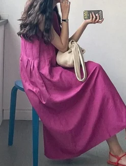 Hot Women's Long Dress Maxi Dress Linen-Inspired Dresses Casual Dress Stylish Casual Vacation Daily Date Regular Fit Plain Sleeveless Crew Neck Yellow Purple Summer Spring Women Dresses