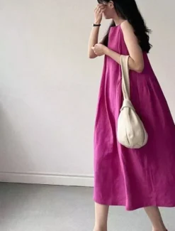 Hot Women's Long Dress Maxi Dress Linen-Inspired Dresses Casual Dress Stylish Casual Vacation Daily Date Regular Fit Plain Sleeveless Crew Neck Yellow Purple Summer Spring Women Dresses